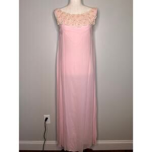 1960s Nadine Pastel Petal Pink Mod Chiffon Floral Prom Hoco Event Maxi Dress S